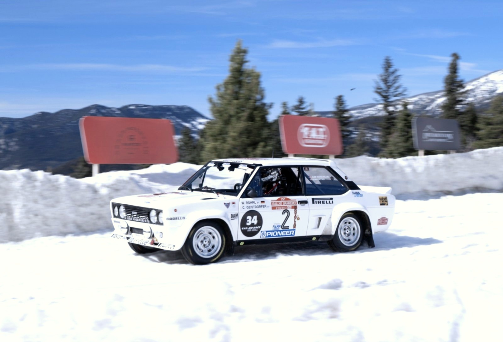 Fiat 131 Abarth on the snow course past the F.A.T. boards, F.A.T. Ice Race 2026