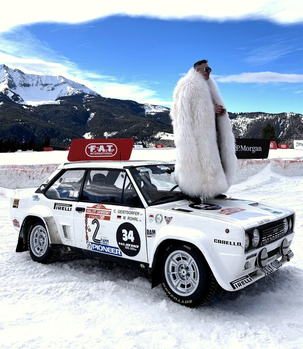 Atop the Fiat 131 Abarth with the Big Sky peaks behind, F.A.T. Ice Race 2026