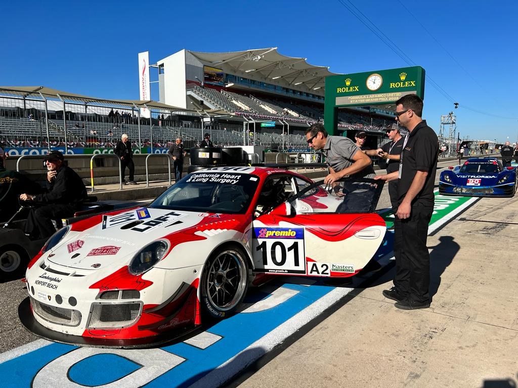 Porsche 911 GT3 R No. 101 in the COTA pit lane, Masters Endurance Legends COTA 2022