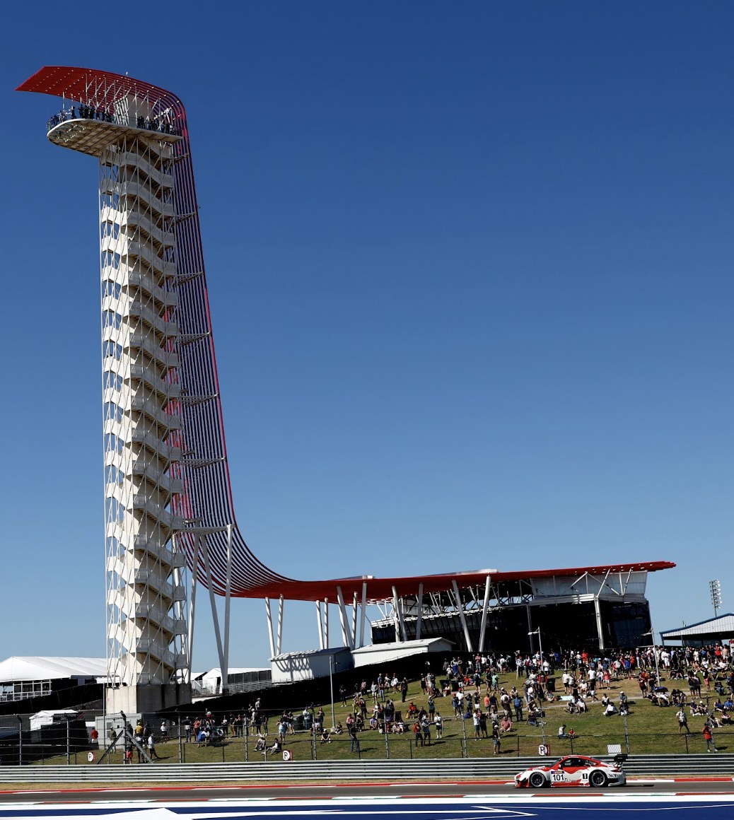 Porsche 911 GT3 R No. 101 below the COTA tower, Masters Endurance Legends COTA 2022