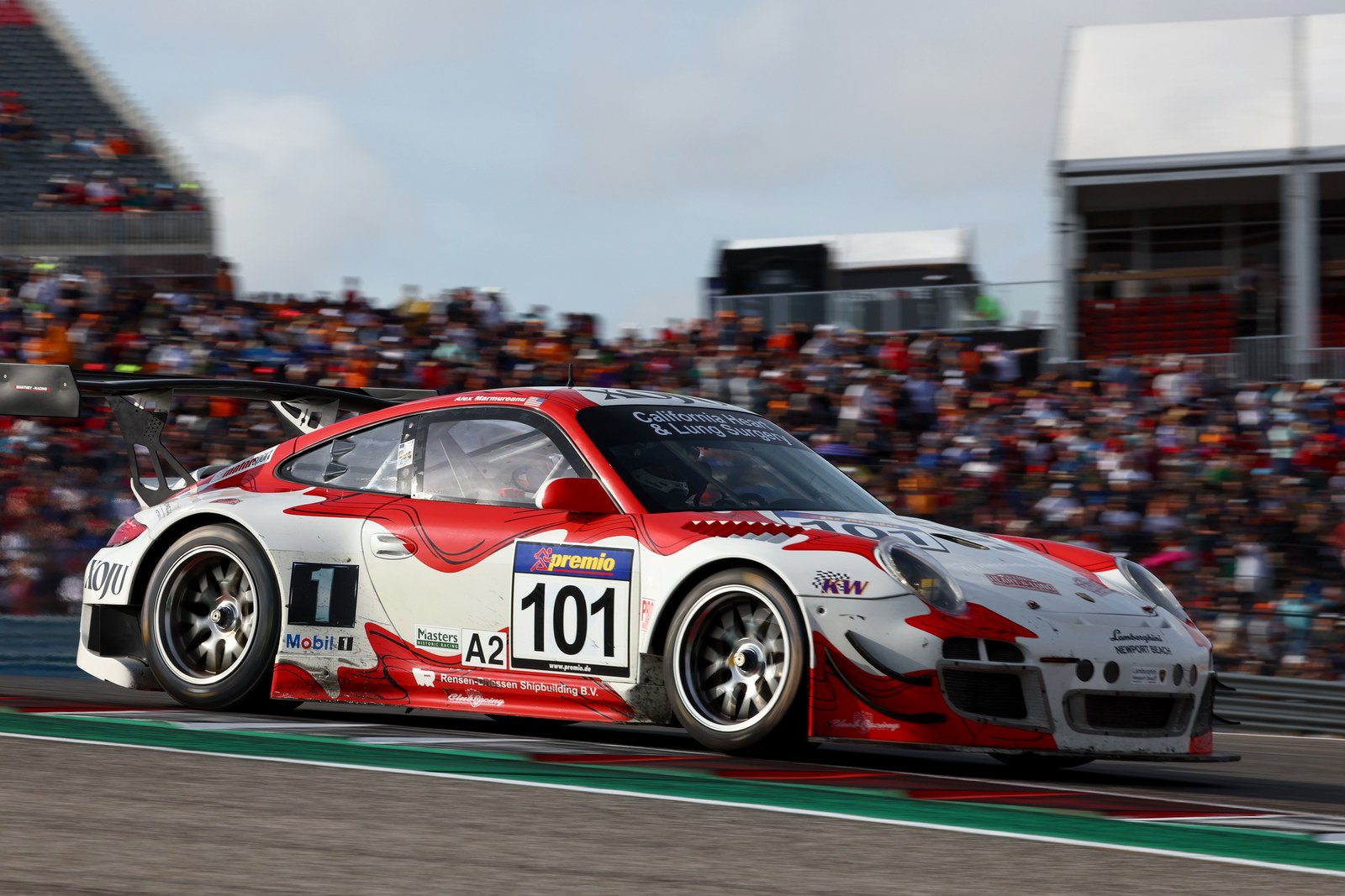 Porsche 911 GT3 R No. 101 past the grandstands, Masters Endurance Legends COTA 2022
