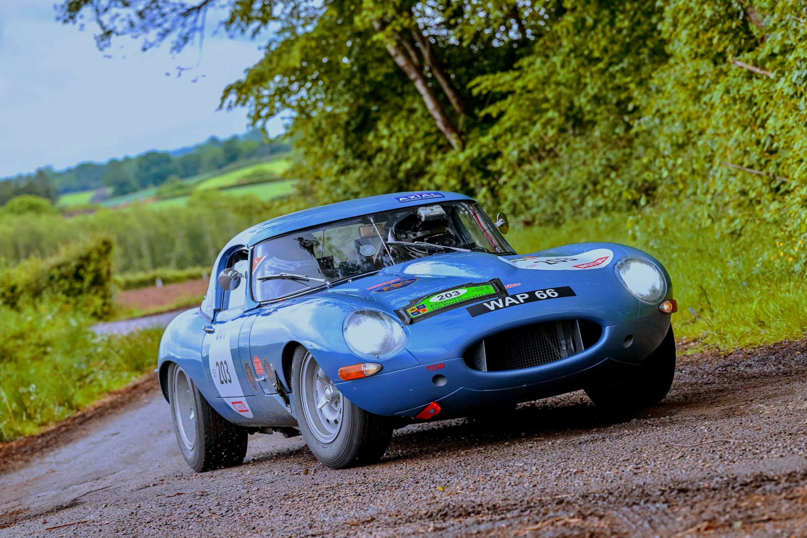 Jaguar E-Type No. 203 on a country road stage, Tour Auto 2026