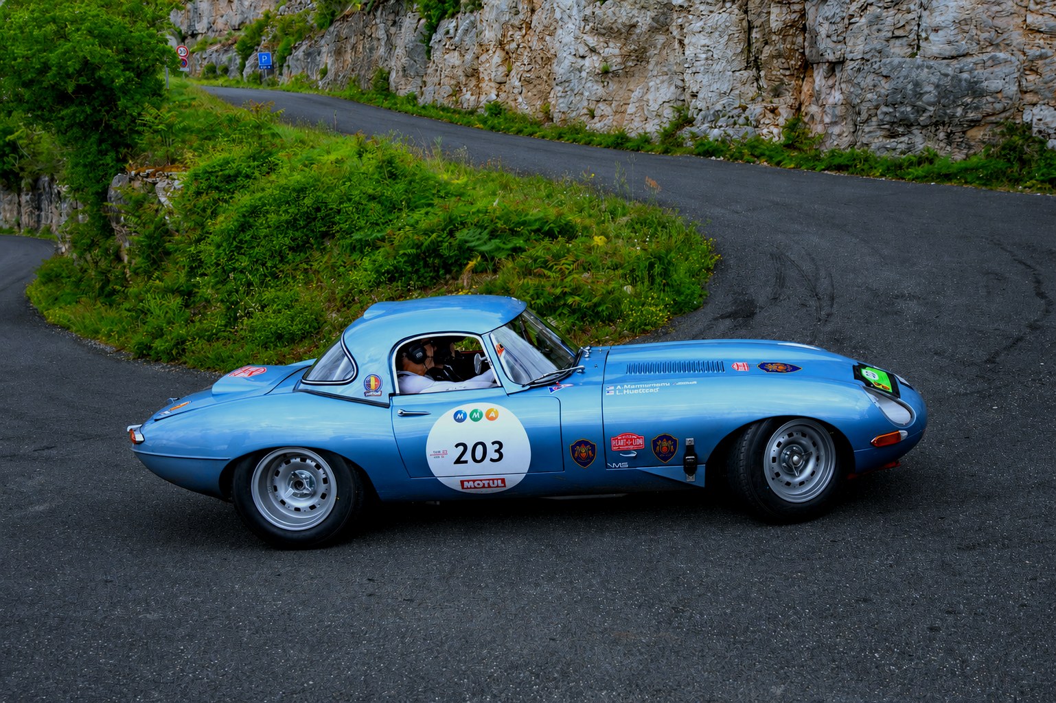 Jaguar E-Type No. 203 on a mountain stage, Tour Auto 2026